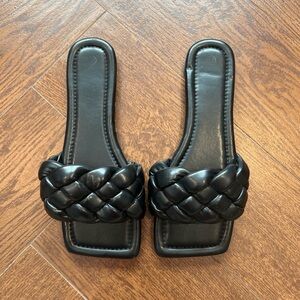 Black Braided  Square Toe Slide Sandals - Women's Comfortable Fashion Slides